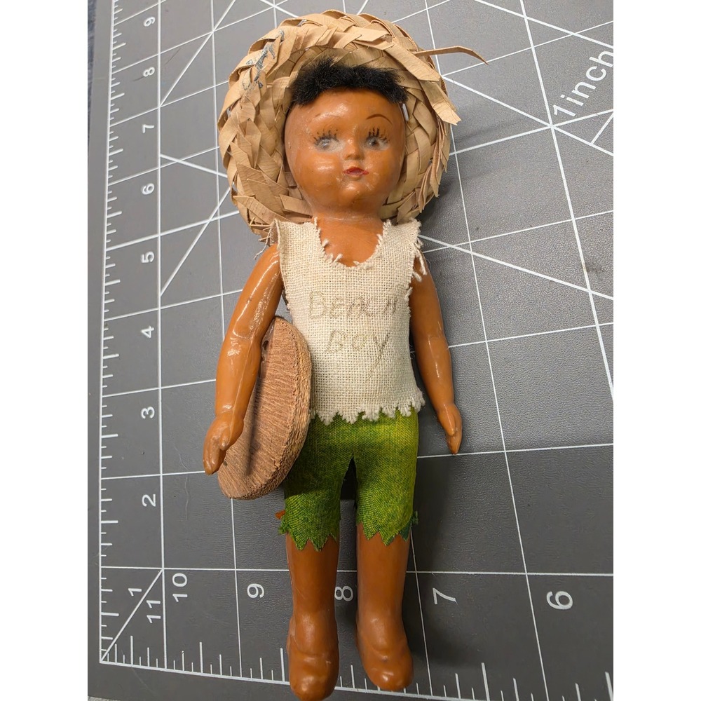 Vintage Beach Boy Souvenir Doll Straw Hat Wooden Surfboard Figurine 7.5in